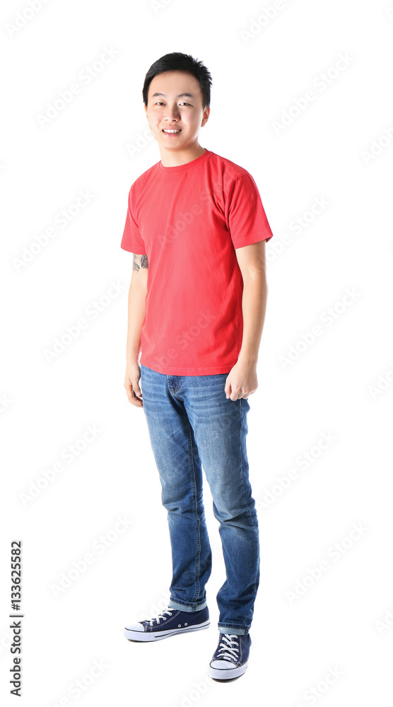 Asian man in blank red t-shirt on white background Asian man in blank red t-shirt on white background