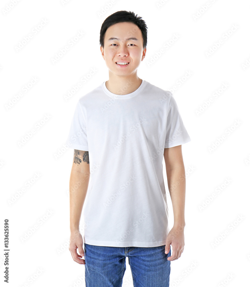 Asian man in blank t-shirt on white background Asian man in blank t-shirt on white background