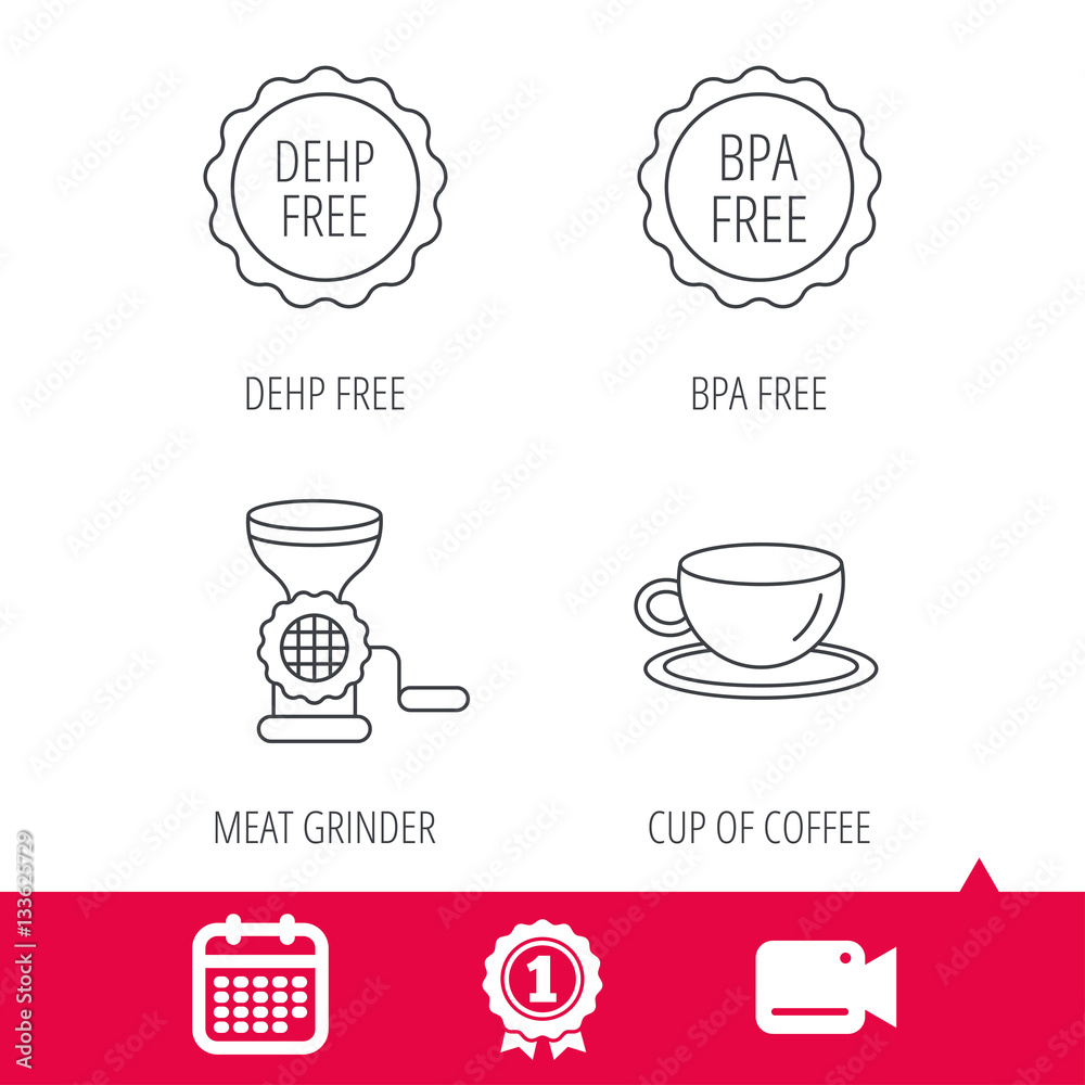 Achievement and video cam signs. Coffee cup, meat grinder and BPA free icons. DEHP free linear sign. Calendar icon. Vector Achievement and video cam signs. Coffee cup, meat grinder and BPA free icons. DEHP free linear sign. Calendar icon. Vector