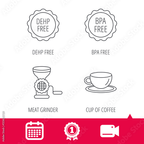 Achievement and video cam signs. Coffee cup, meat grinder and BPA free icons. DEHP free linear sign. Calendar icon. Vector
