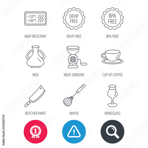 Achievement and search magnifier signs. Coffee cup, butcher knife and wineglass icons. Meat grinder, whisk and vase linear signs. Heat-resistant, DEHP and BPA free icons. Hazard attention icon. Vector