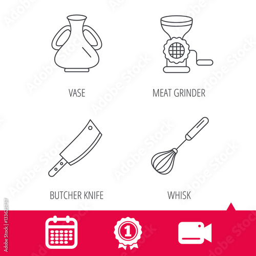 Achievement and video cam signs. Meat grinder, butcher knife and whisk icons. Vase linear sign. Calendar icon. Vector