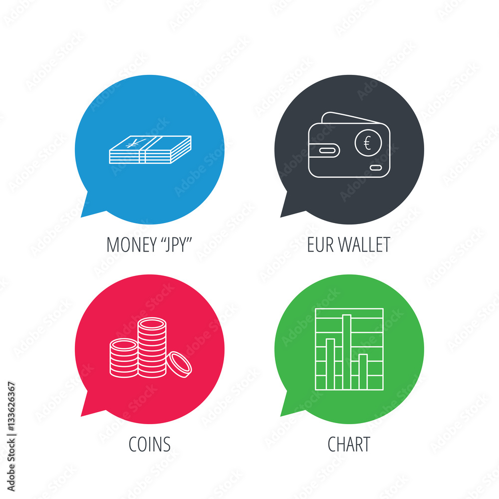 Colored speech bubbles. Euro wallet, cash money and chart icons. Coins linear sign. Flat web buttons with linear icons. Vector