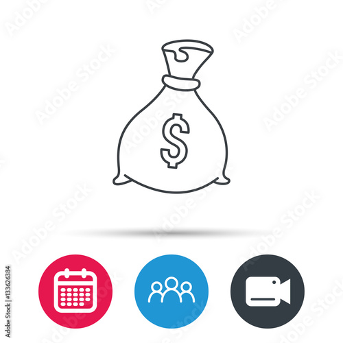 Sack with dollars icon. Money bag sign. Banking symbol. Group of people, video cam and calendar icons. Vector