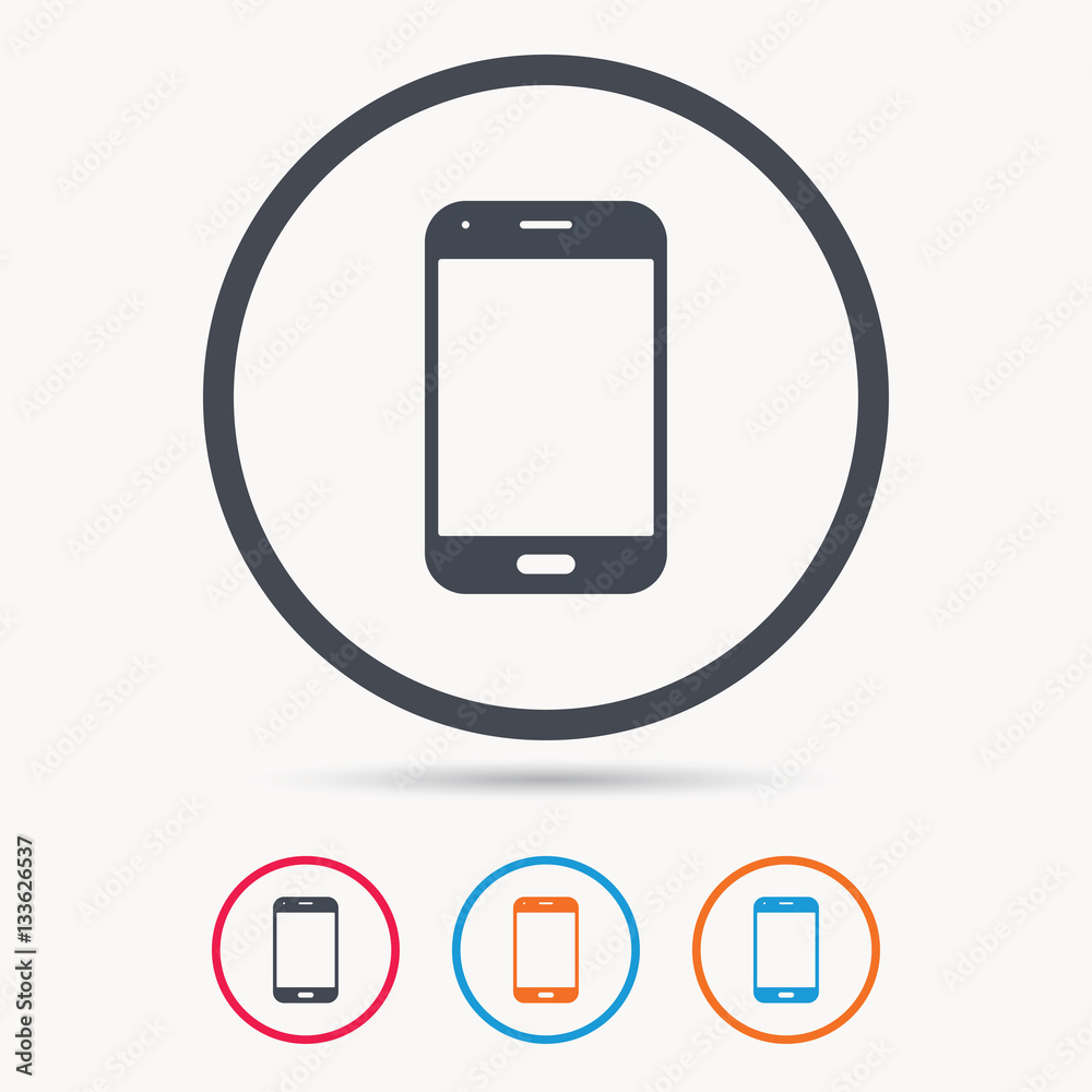 Smartphone icon. Mobile phone communication symbol. Colored circle buttons with flat web icon. Vector Smartphone icon. Mobile phone communication symbol. Colored circle buttons with flat web icon. Vector
