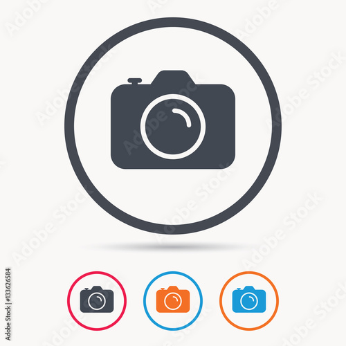 Camera icon. Professional photocamera symbol. Colored circle buttons with flat web icon. Vector