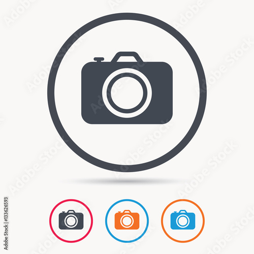 Camera icon. Professional photocamera symbol. Colored circle buttons with flat web icon. Vector