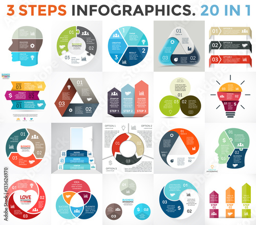Vector circle infographic set. Business diagram, arrows graph, startup logo presentations, idea pie chart. Data options, 3 parts, steps, processes. Human brain, stairs, eco leaves, heart sign, puzzle.