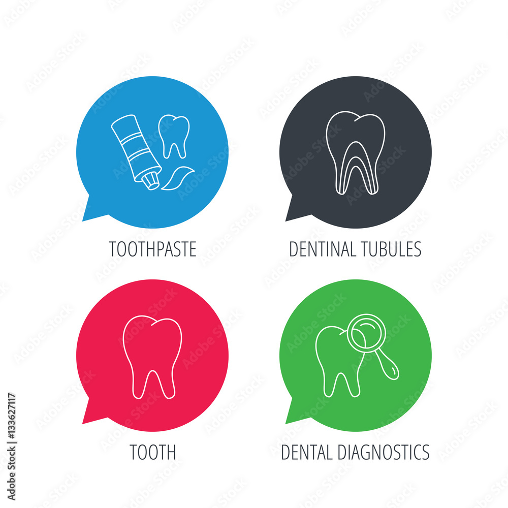 Colored speech bubbles. Tooth, dental diagnostics and toothpaste icons. Dentinal tubules linear sign. Flat web buttons with linear icons. Vector
