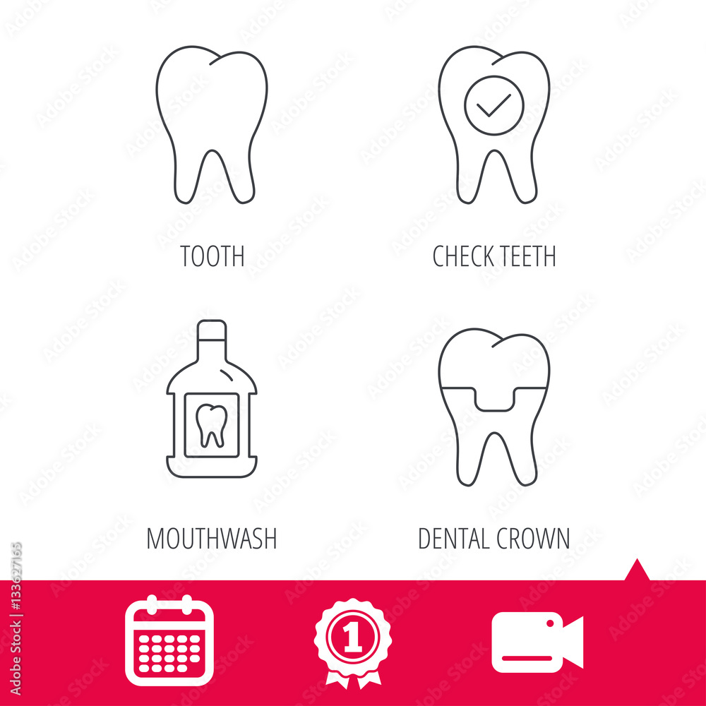 Achievement and video cam signs. Tooth, dental crown and mouthwash icons. Check teeth linear sign. Calendar icon. Vector Achievement and video cam signs. Tooth, dental crown and mouthwash icons. Check teeth linear sign. Calendar icon. Vector
