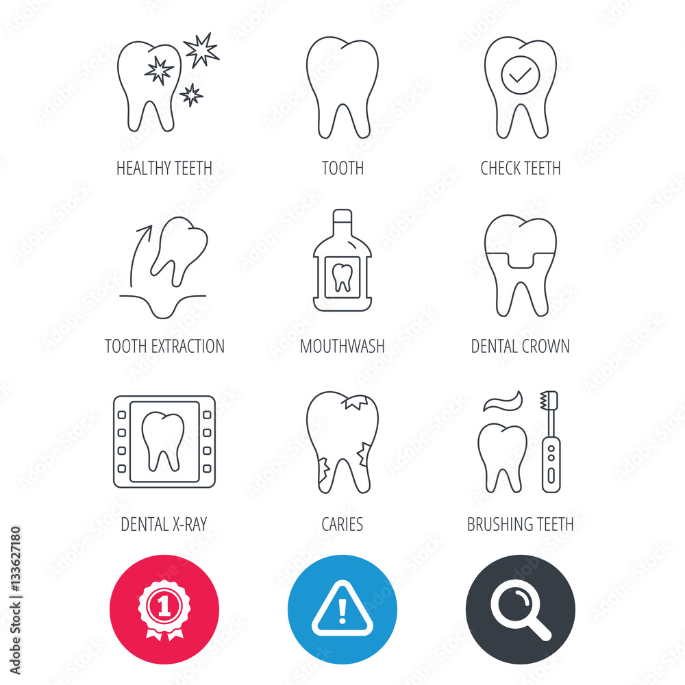 Achievement and search magnifier signs. Tooth, dental crown and mouthwash icons. Caries, tooth extraction and hygiene linear signs. Brushing teeth flat line icon. Hazard attention icon. Vector Achievement and search magnifier signs. Tooth, dental crown and mouthwash icons. Caries, tooth extraction and hygiene linear signs. Brushing teeth flat line icon. Hazard attention icon. Vector