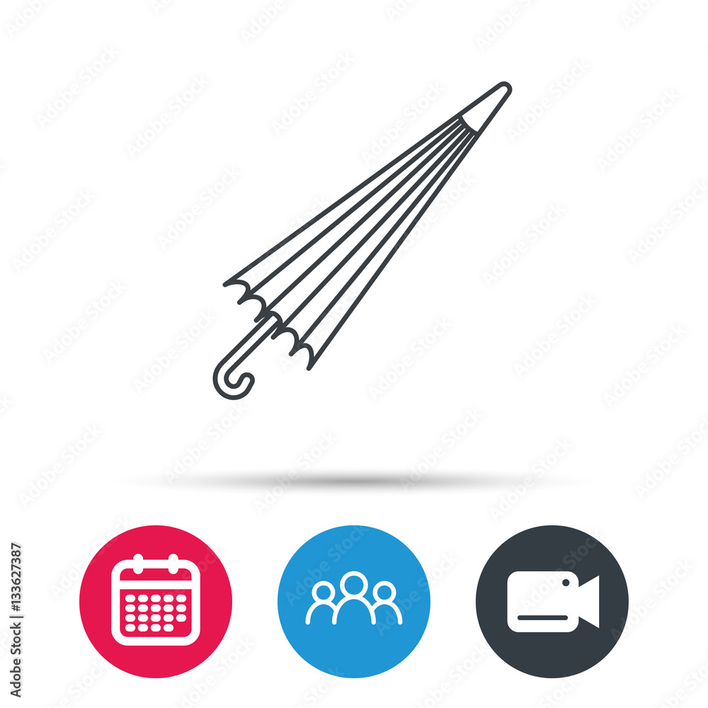 Umbrella icon. Water protection sign. Rainy weather symbol. Group of people, video cam and calendar icons. Vector Umbrella icon. Water protection sign. Rainy weather symbol. Group of people, video cam and calendar icons. Vector