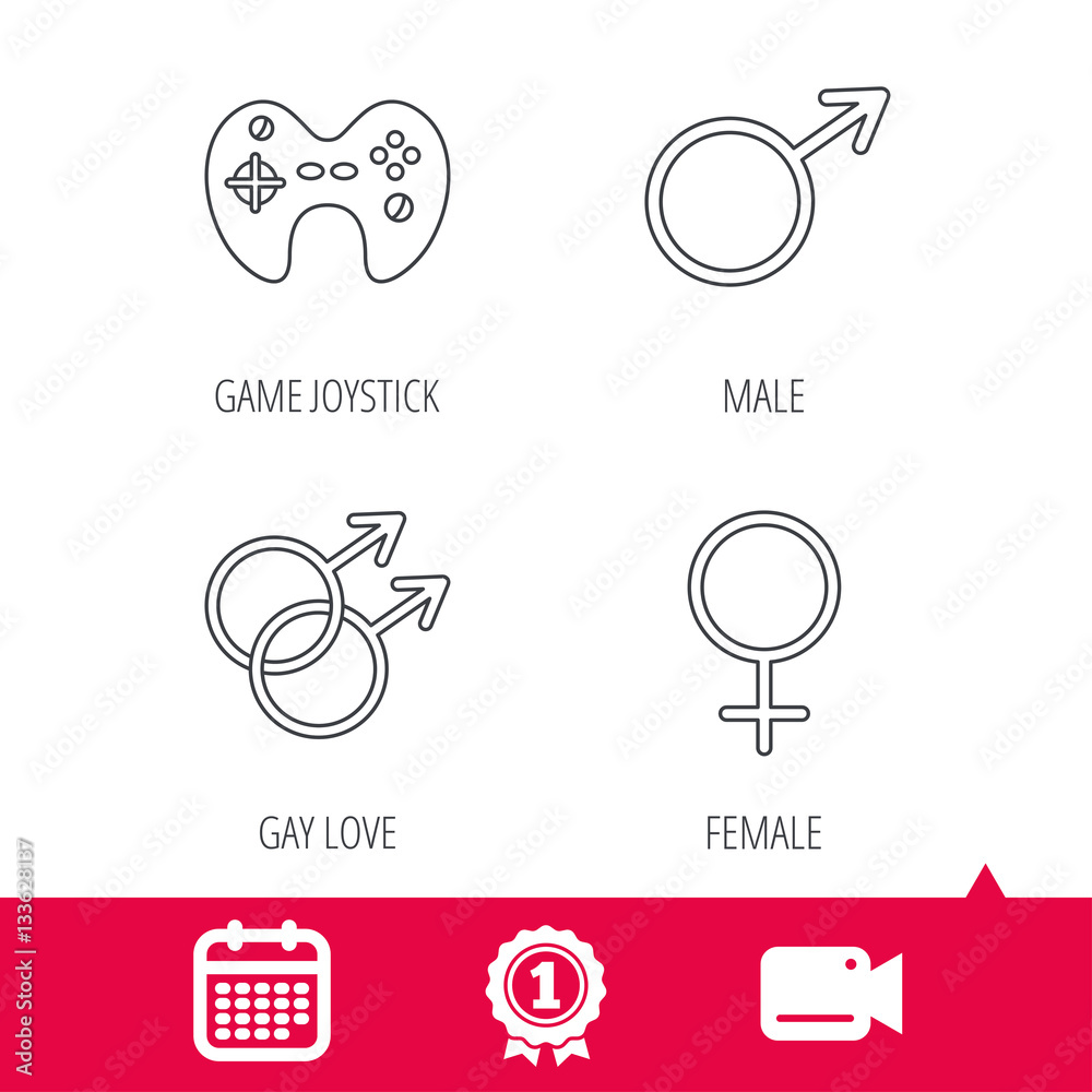 Achievement and video cam signs. Male, female and game joystick icons. Gay  love linear signs. Calendar icon. Vector Stock Vector | Adobe Stock