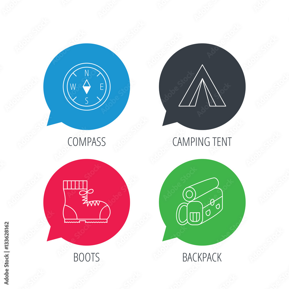 Colored speech bubbles. Backpack, camping tent and compass icons. Boots linear sign. Flat web buttons with linear icons. Vector Colored speech bubbles. Backpack, camping tent and compass icons. Boots linear sign. Flat web buttons with linear icons. Vector