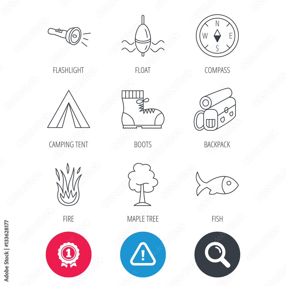 Achievement and search magnifier signs. Maple tree, fishing float and hiking boots icons. Compass, flashlight and fire linear signs. Camping tent, fish and backpack icons. Hazard attention icon