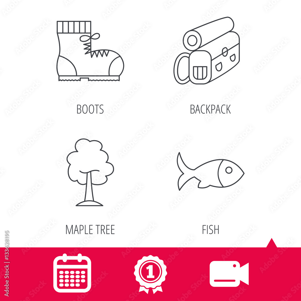 Achievement and video cam signs. Maple tree, fish and hiking boots. Backpack linear sign. Calendar icon. Vector