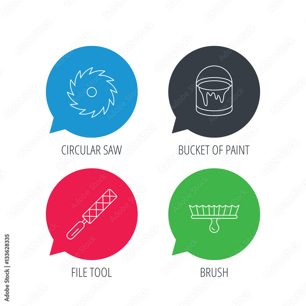 Colored speech bubbles. File tool, circular saw and brush tool icons. Bucket of paint linear sign. Flat web buttons with linear icons. Vector Colored speech bubbles. File tool, circular saw and brush tool icons. Bucket of paint linear sign. Flat web buttons with linear icons. Vector