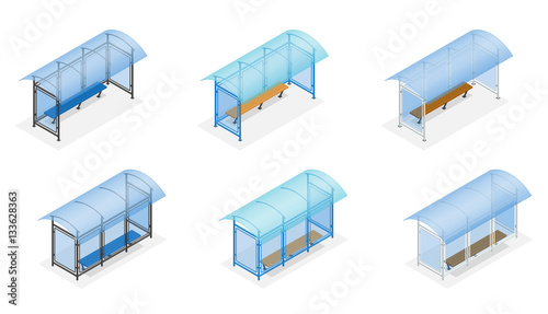Isometric Bus stop on the white background. Public Transport Stop with Billboard and Place for Message. Flat 3d vector illustration