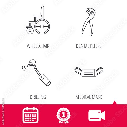 Achievement and video cam signs. Medical mask, wheelchair and dental pliers icons. Drilling tool linear sign. Calendar icon. Vector