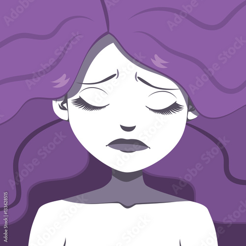 Purple monochrome sad woman face illustration showing suffering concept