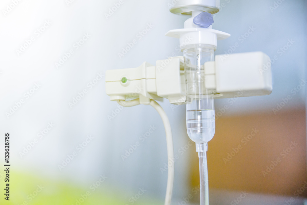 Saline bag and saline for intravenous infusion for patient in ho
