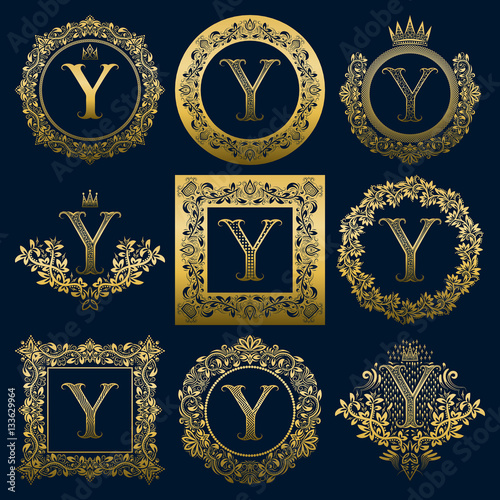 Vintage monograms set of Y letter. Golden heraldic logos in wreaths, round and square frames.