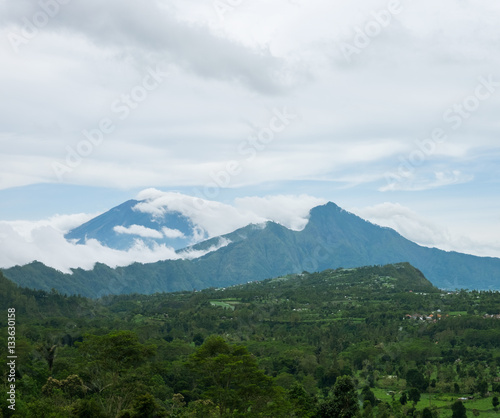 Scenic view to the Agung and Abang volcanoes  Bali island  Indonesia.