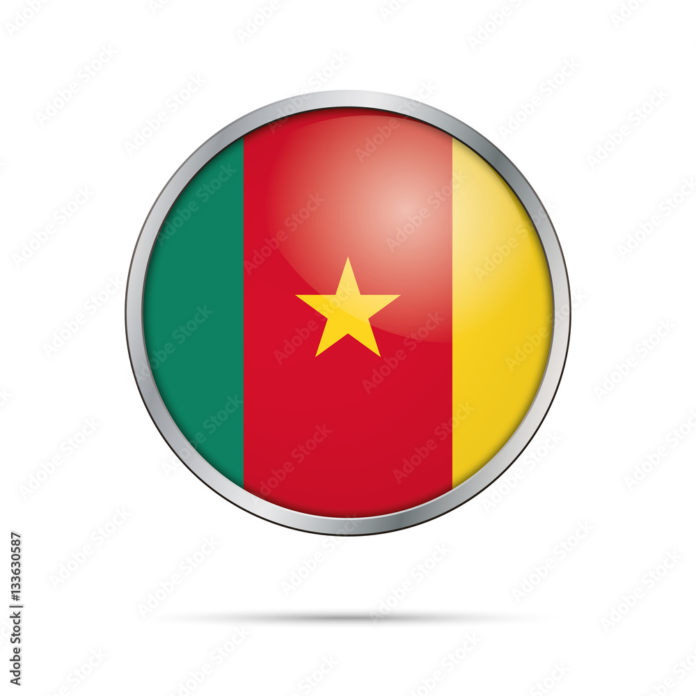 Vector Cameroonian flag button. Cameroon flag in glass button style with metal frame. Vector Cameroonian flag button. Cameroon flag in glass button style with metal frame.