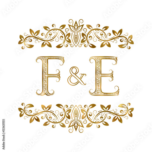 F and E vintage initials logo symbol. The letters are surrounded by ornamental elements. Wedding or business partners monogram in royal style.