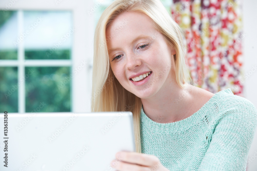 Smiling Teenage Girl Using Computer At Home Smiling Teenage Girl Using Computer At Home