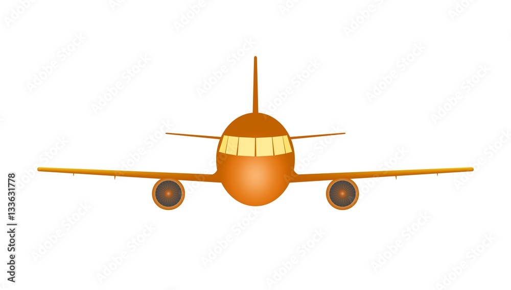 Orange trip transport flying aircraft with two jet engines and wings with yellow lighting up lights on a white background. Fly airplane transport Orange trip transport flying aircraft with two jet engines and wings with yellow lighting up lights on a white background. Fly airplane transport
