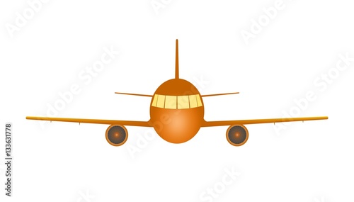 Orange trip transport flying aircraft with two jet engines and wings with yellow lighting up lights on a white background. Fly airplane transport 