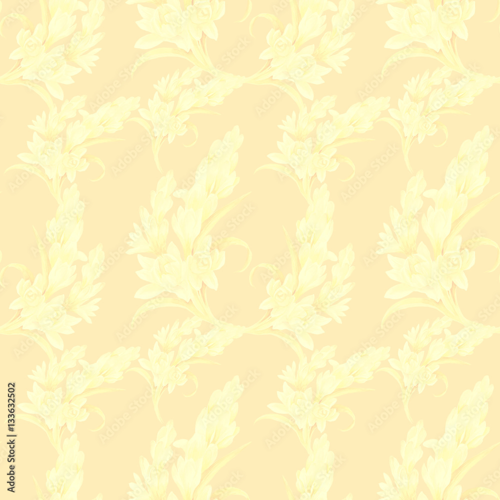 Tuberose - branches. Seamless pattern. medicinal, perfumery and cosmetic plants. Wallpaper. Use printed materials, signs, posters, postcards, packaging. Watercolor.