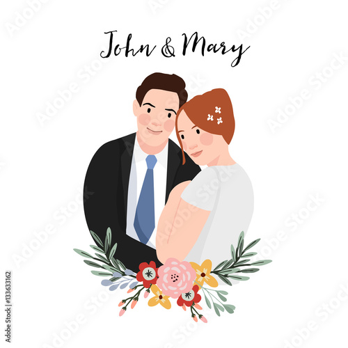 Wedding invitation. Beautiful hugging couple with bouquet of flowers. Marriage and love concept. Flat design. Hand drawn vector characters Isolated illustration.