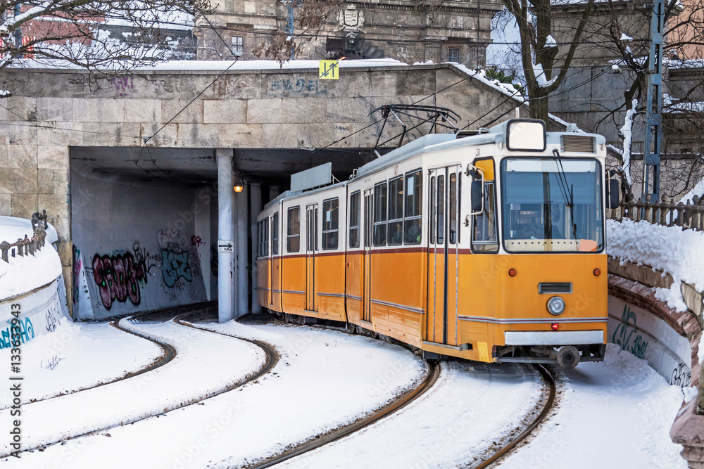 Tram and tramlines in Budapest at winter