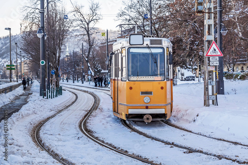 Tram and tramlines in Budapest at winter