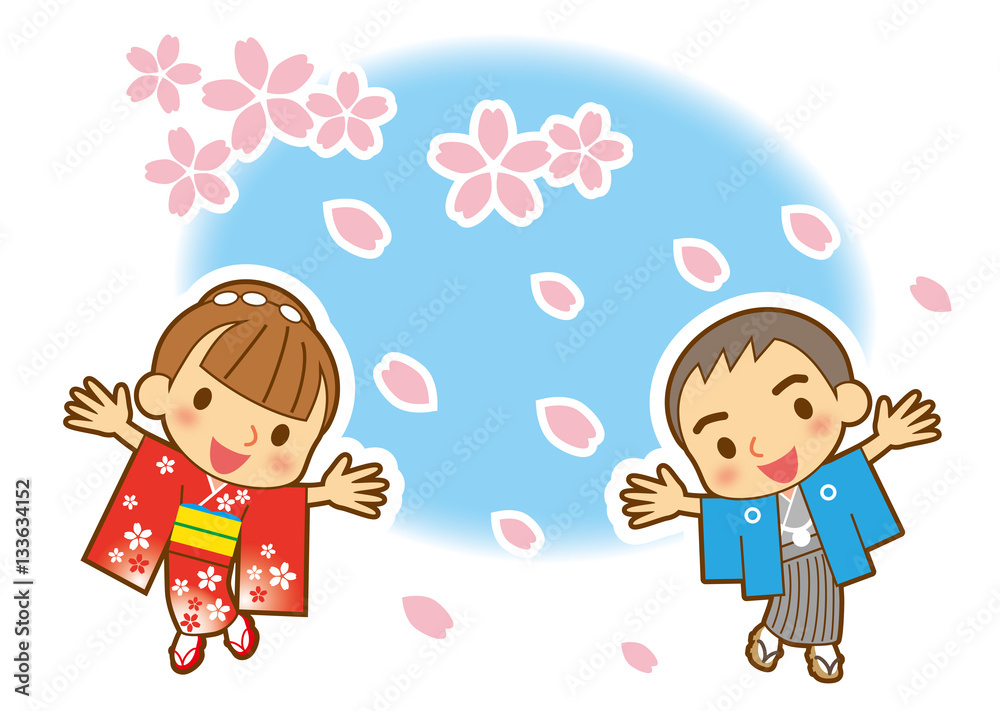 桜吹雪　晴着のカップル