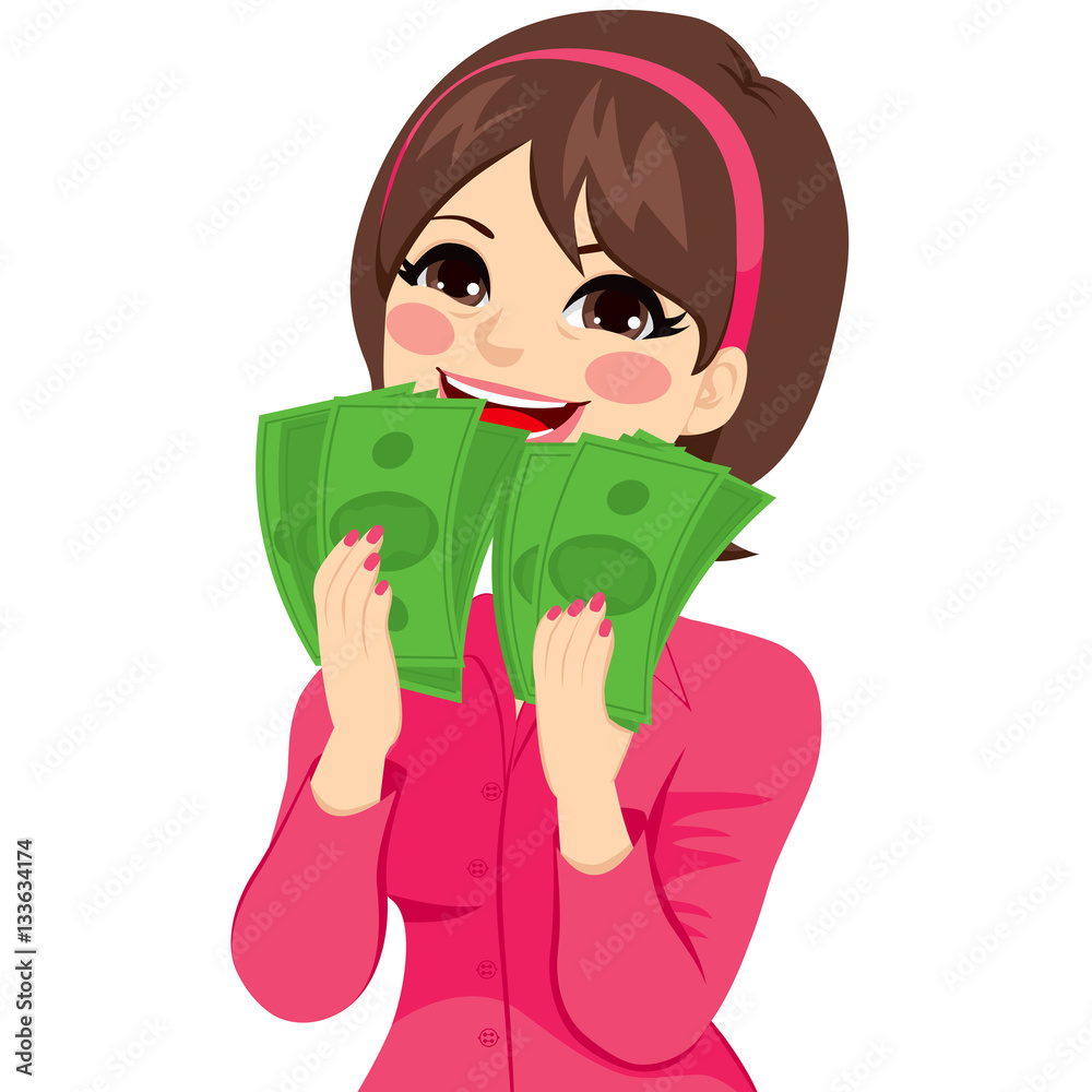 Young brunette businesswoman really excited enjoying and holding big fan of green money with both hands