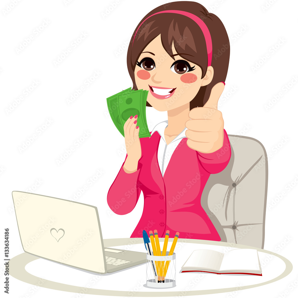 Successful businesswoman with green banknote money fan making thumbs up gesture sitting on office desk with laptop Successful businesswoman with green banknote money fan making thumbs up gesture sitting on office desk with laptop