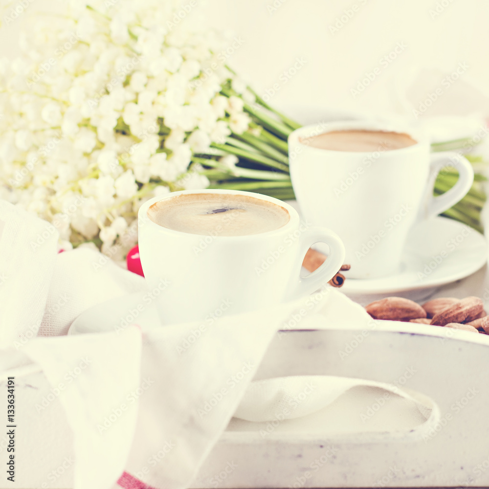 espresso, heart and bouquet of flowers espresso, heart and bouquet of flowers