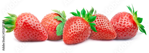 Five ripe strawberries in a line with green leaves isolated on white background with clipping path