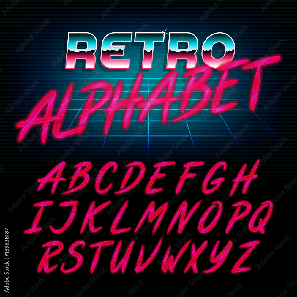 80's retro alphabet font. Glow effect shiny letters. Vector typeface for flyers, headlines, posters etc.