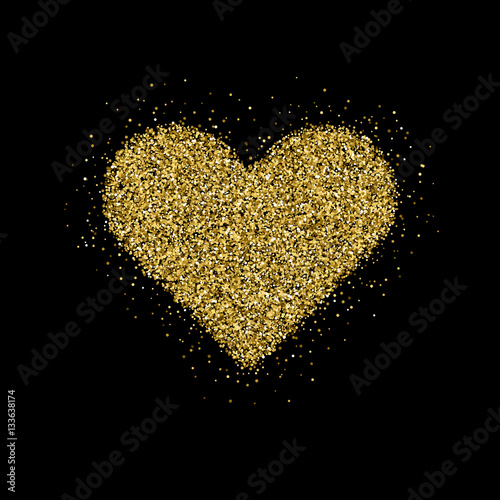 Gold glitter Valentines day heart sign badge with black background for logo, design concepts, banners, labels, postcards, invitations, prints, posters, web. Vector illustration.