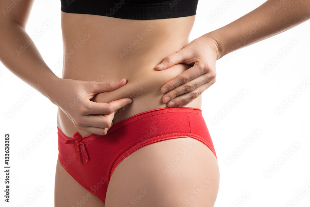 The girl in a red underwear to touch the fat on your stomach and The girl in a red underwear to touch the fat on your stomach and