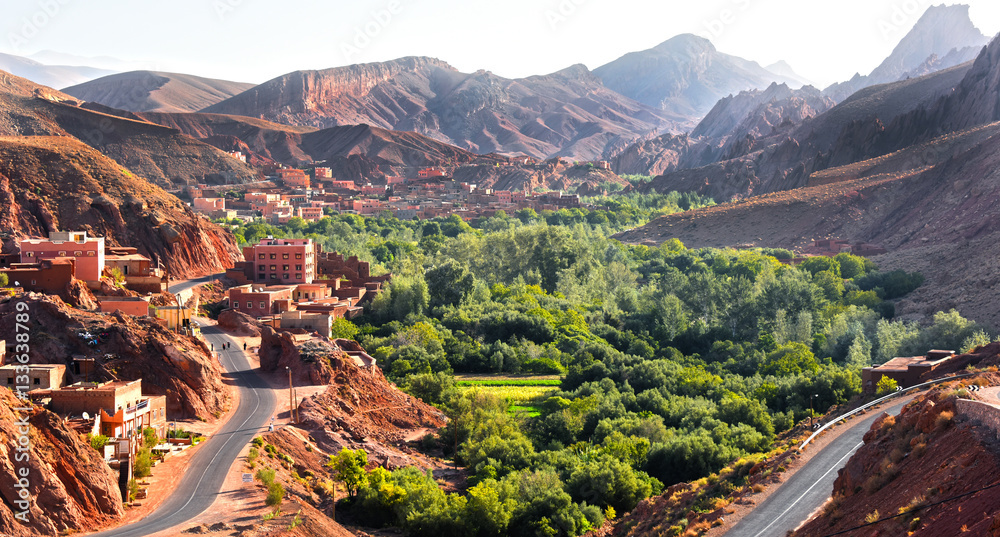 View of the city of Tamellalt in Atlas Mountains in Morocco - obrazy, fototapety, plakaty 