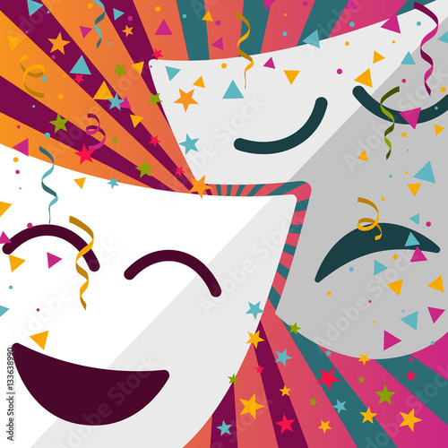 Carnival masks with confetti stars and streamers on colored background