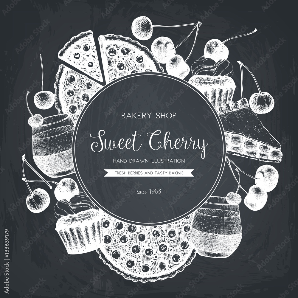 Vector card design with ink hand drawn cherry dessert illustration ...