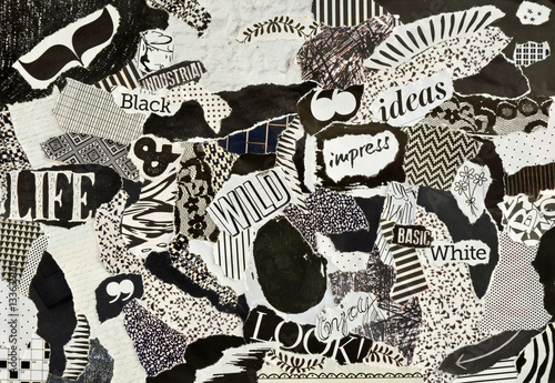 Creative Atmosphere art mood board collage sheet in color idea black and white made of teared magazines and printed matter paper with signs and textures