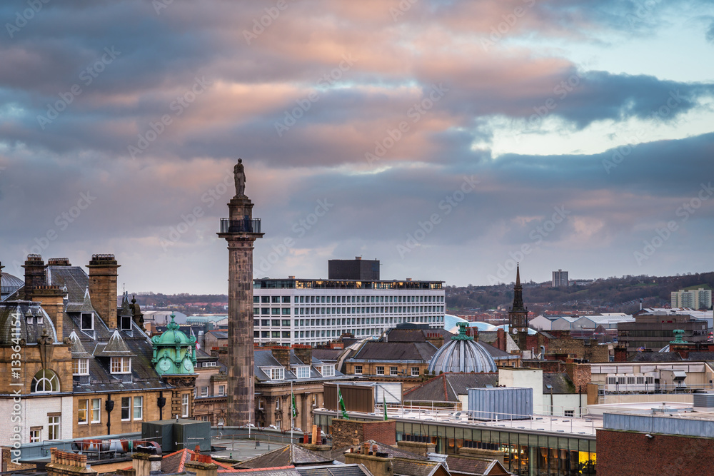 Grey's Monument in Newcastle Skyline, at the city centre, towering above the rooftops, looking south