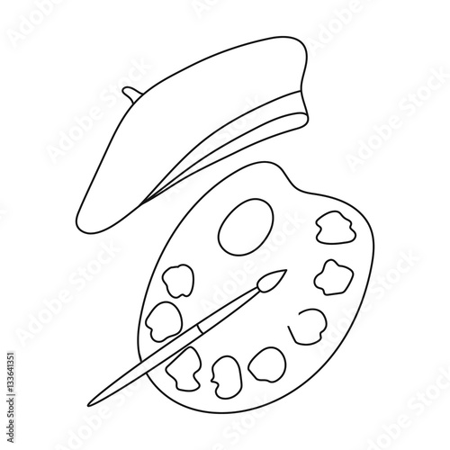 Painting palette and beret icon in outline style isolated on white background. France country symbol stock vector illustration.